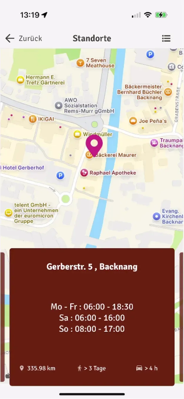 Karte in der Maurer-App mit dem Bäckerei-Café in der Gerberstraße in Backnang und seinen Öffnungszeiten