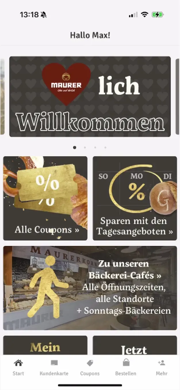 Startseite der Maurer-App mit Kacheln zu Coupons, Tagesangeboten und den Bäckerei-Cafés