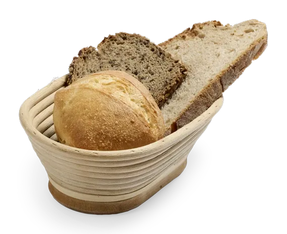 Brotkorb und Heißgetränk, freigestellt von oben