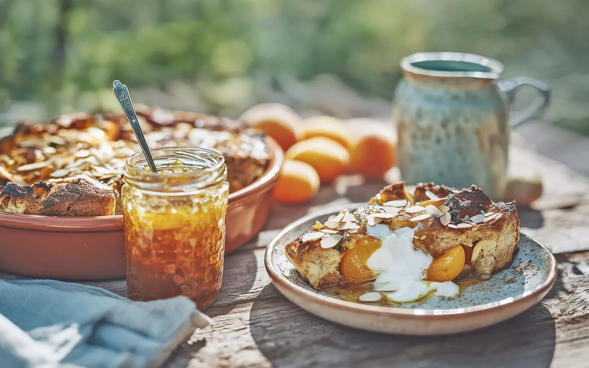 Dinkel-Emmer Brotauflauf mit Aprikose und Mandel, angerichtet