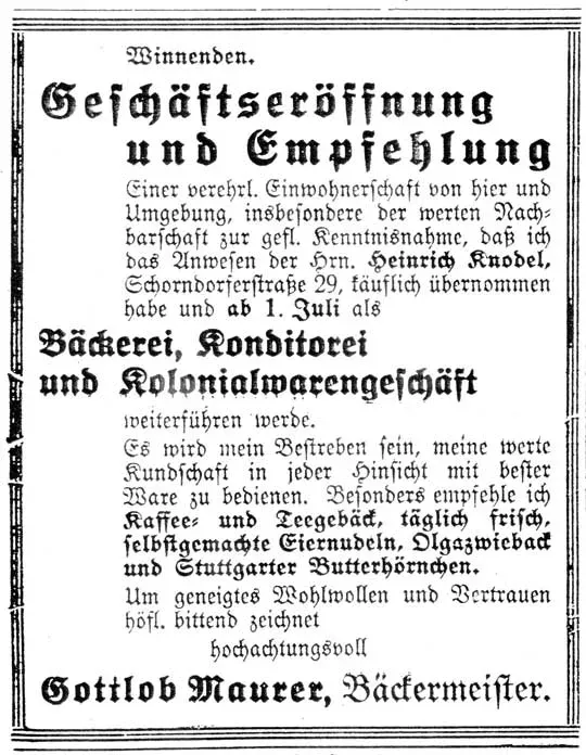 Das Eröffnungsangebot der Bäckerei aus dem Jahr 1931