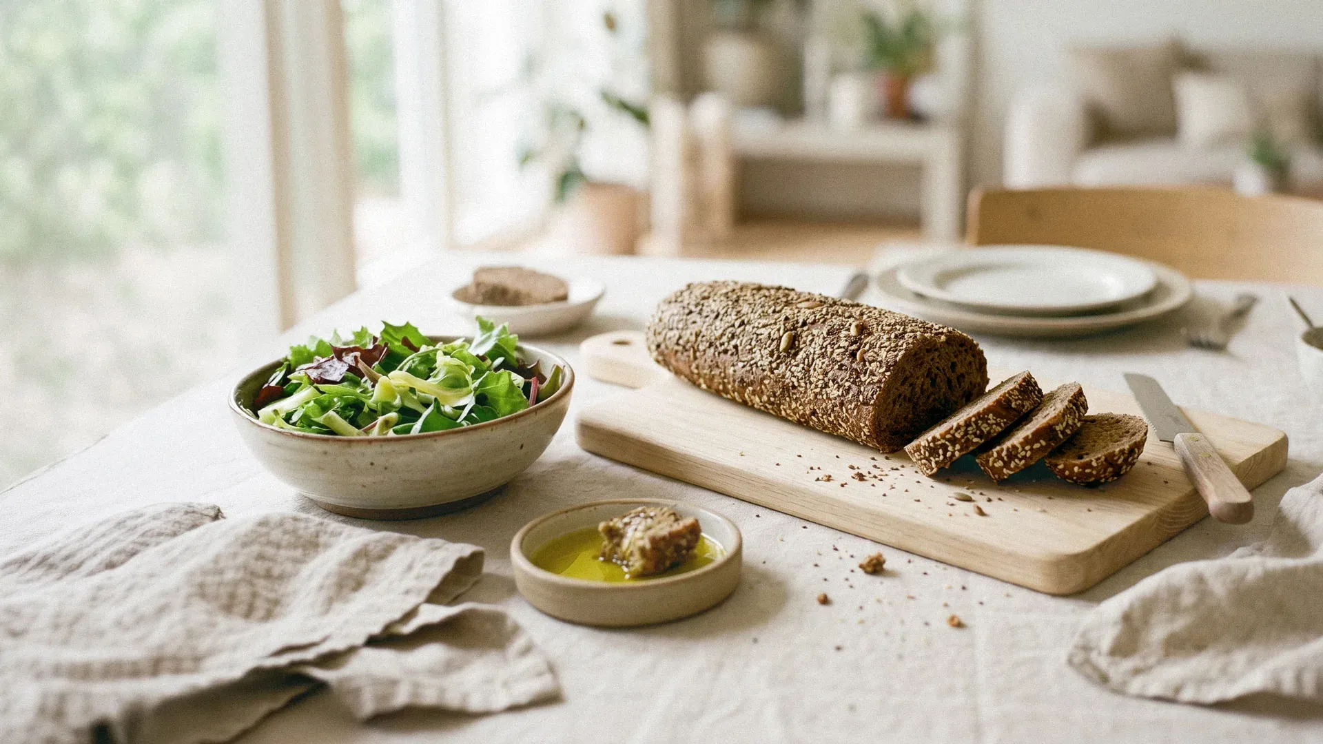 Angeschnittener Laib Unser Getreidefreies mit Sesam- und Chia-Kruste auf einem Holzbrett, daneben Blattsalat und Olivenöl