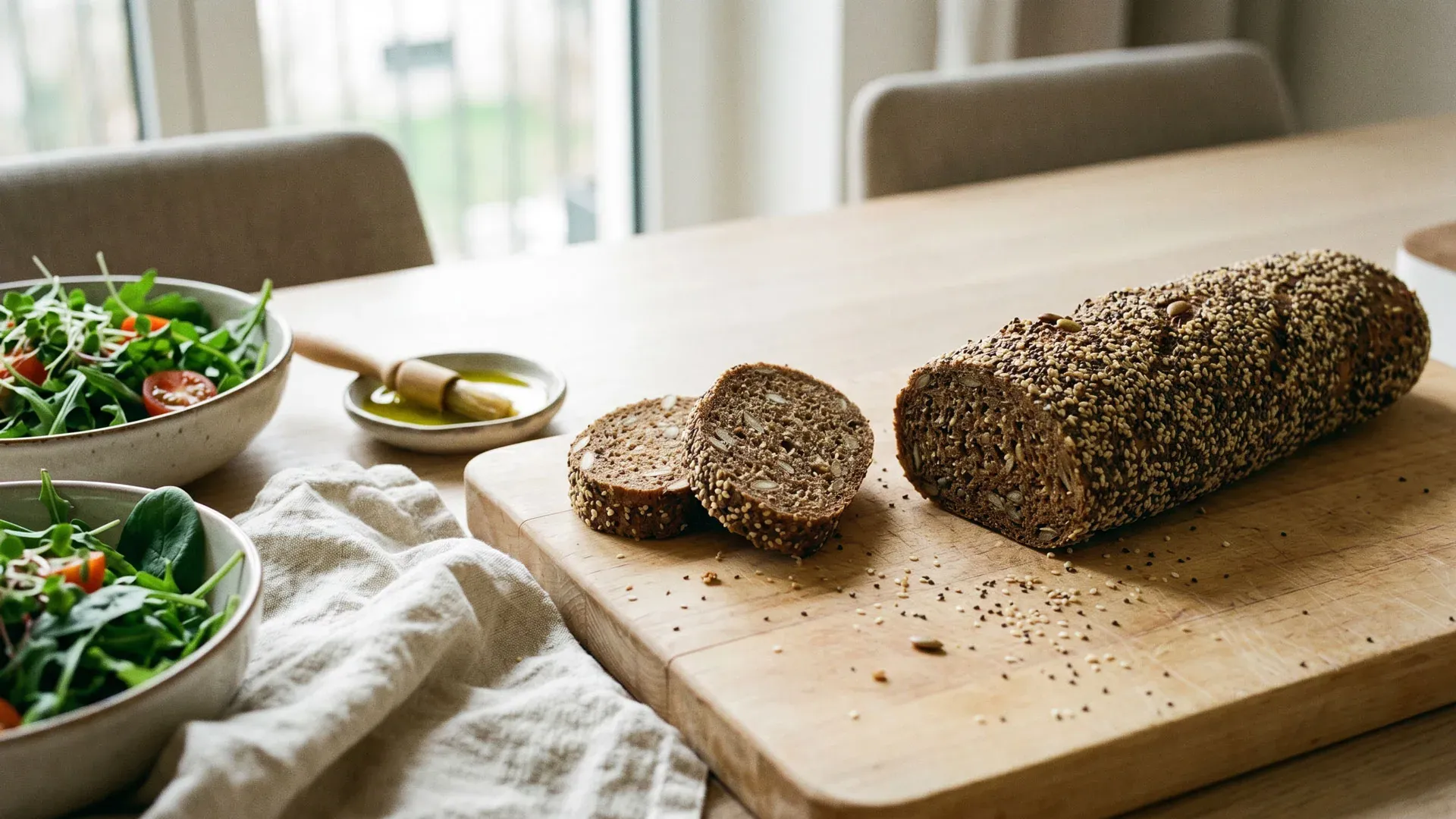 Zwei Scheiben Unser Getreidefreies auf einem Holzbrett, daneben der angeschnittene Laib