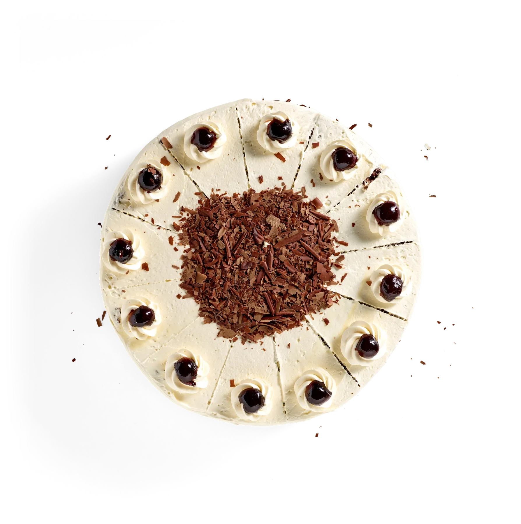 Kirschcreme-Torte, freigestellt von oben