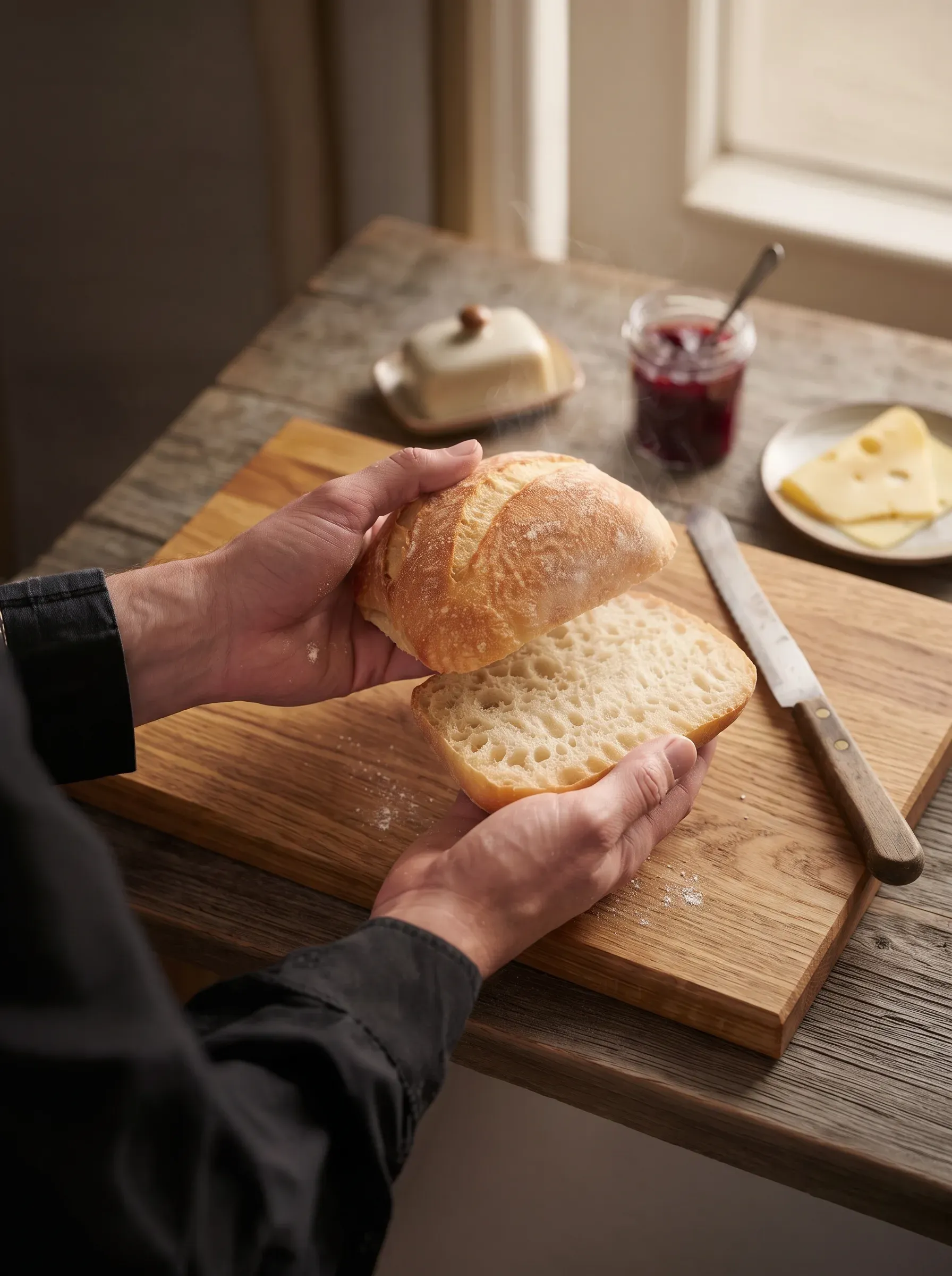 Zwei Hände halten einen aufgeschnittenen Knacki über ein Holzbrett, daneben Butter, Konfitüre und Käse