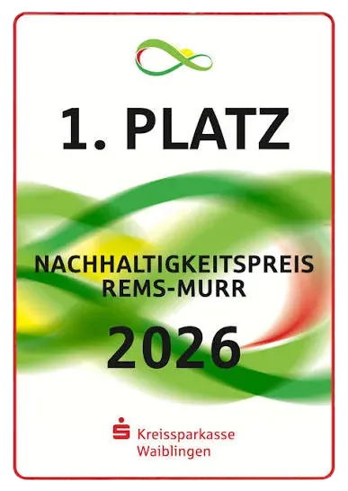Preisschild: 1. Platz beim Nachhaltigkeitspreis Rems-Murr 2026