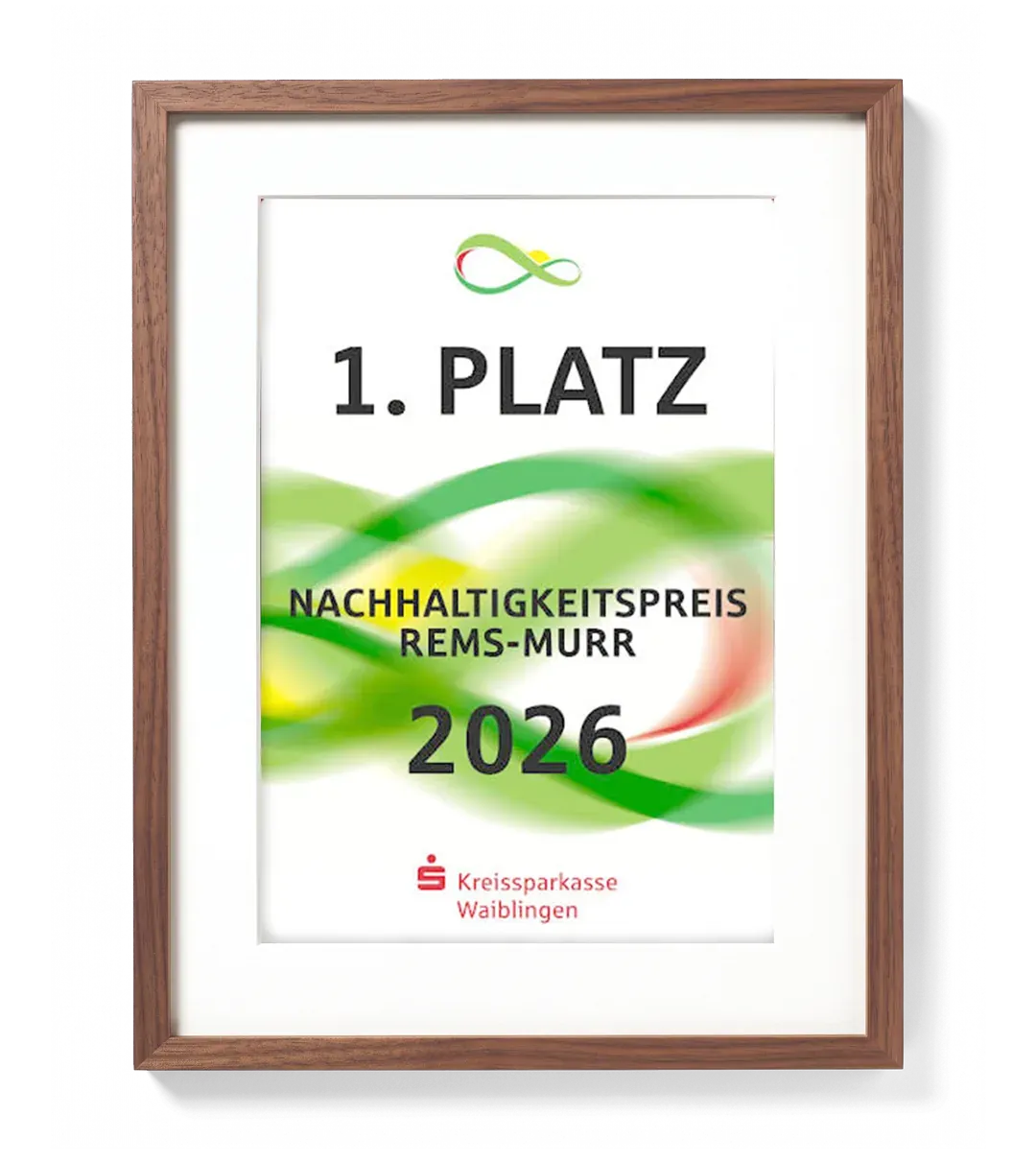 Gerahmte Urkunde: 1. Platz beim Nachhaltigkeitspreis Rems-Murr 2026, verliehen von der Kreissparkasse Waiblingen