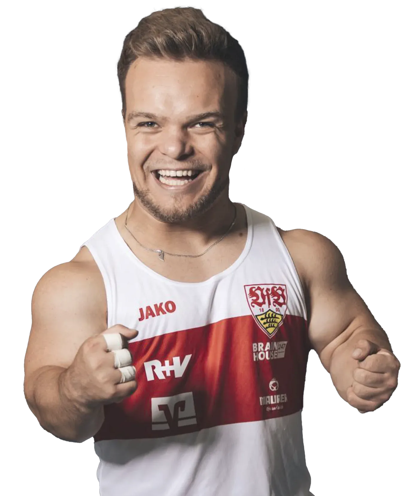 Niko Kappel im Trikot, die Fäuste geballt, lachend