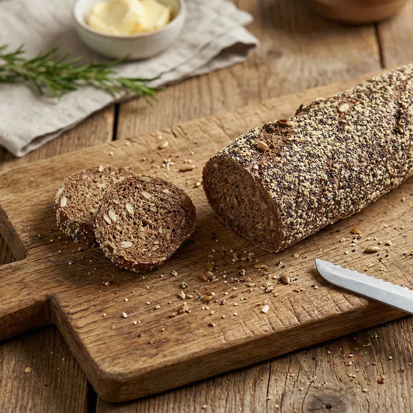 Getreidefreies Brot mit Sesam- und Chiakruste, angeschnitten